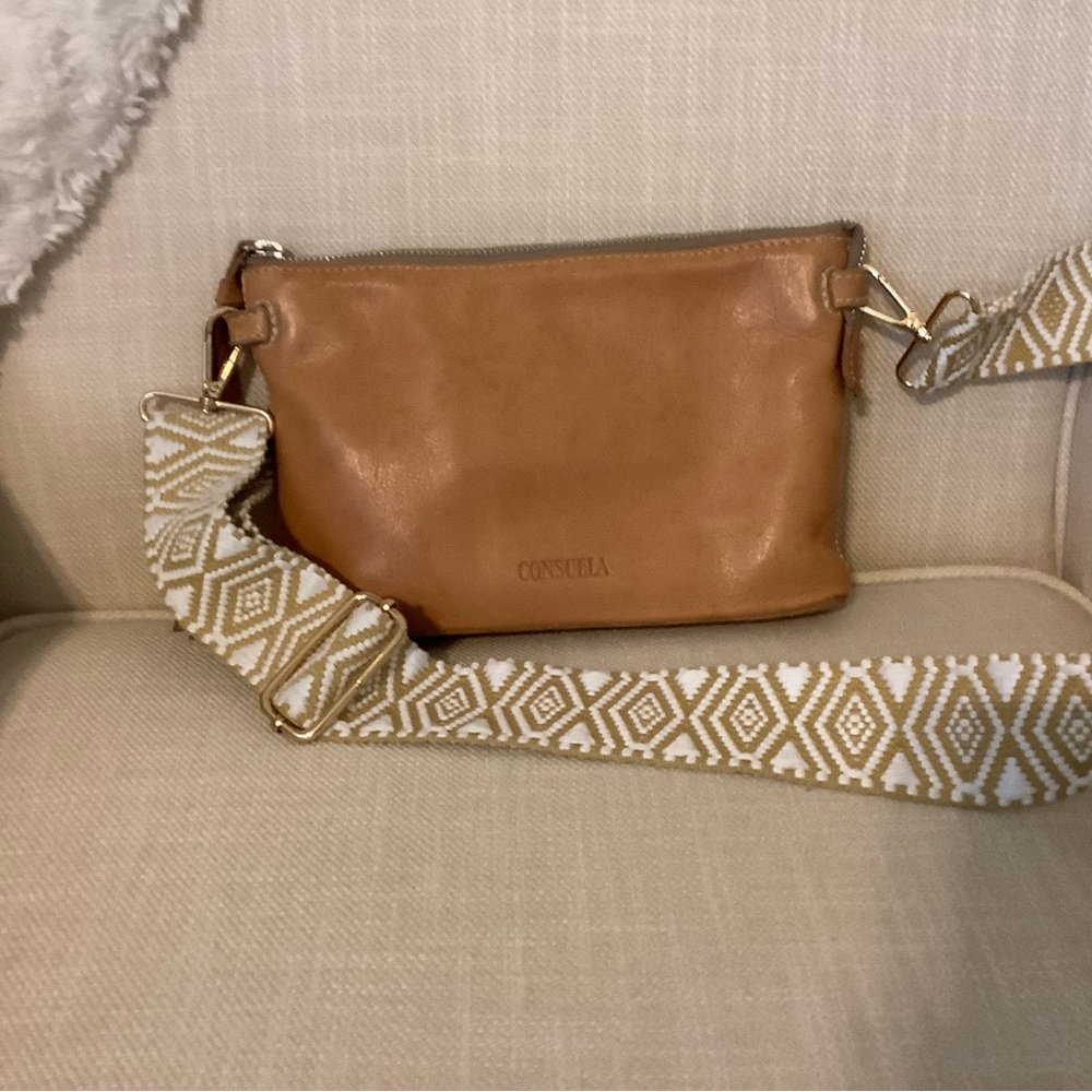 Consuela Brown Crossbody Bag with Patterned Strap
